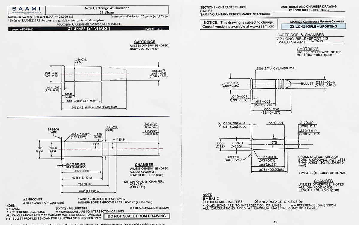 SAAMI chamber drawings show 22 Long Rifle and 21 Sharp chambers are essentially identical until reaching the throat. The 22 Long Rifle cartridge’s larger bullet prevents full chambering of the cartridge in the 21 Sharp rifle. (Copyright ©2025, Sporting Arms & Ammunition Manufacturers’ Institute, Inc., all rights reserved, used by permission.)